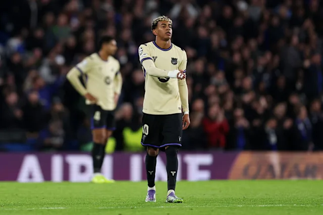 Lamine Yamal looking frustrated during Barcelona’s Champions League defeat to Chelsea.