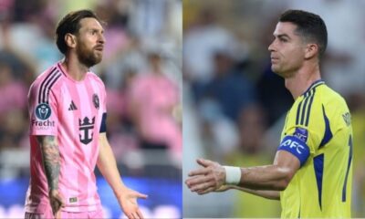 Lionel Messi and Cristiano Ronaldo celebrating goals for Inter Miami and Al Nassr respectively