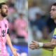 Lionel Messi and Cristiano Ronaldo celebrating goals for Inter Miami and Al Nassr respectively