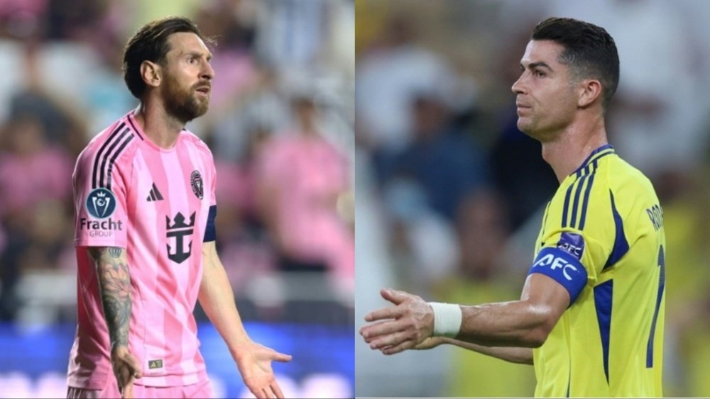 Lionel Messi and Cristiano Ronaldo celebrating goals for Inter Miami and Al Nassr respectively
