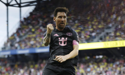 Lionel Messi celebrating after scoring for Inter Miami against Nashville in the MLS playoffs