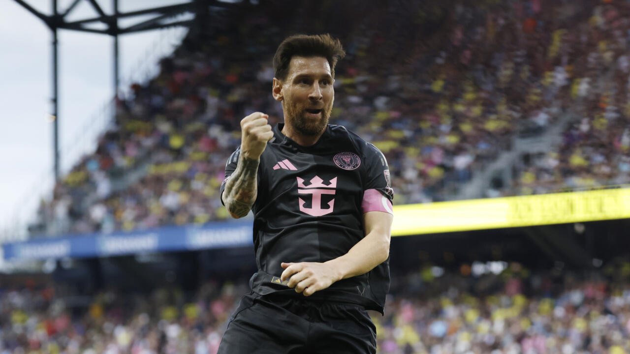 Lionel Messi celebrating after scoring for Inter Miami against Nashville in the MLS playoffs