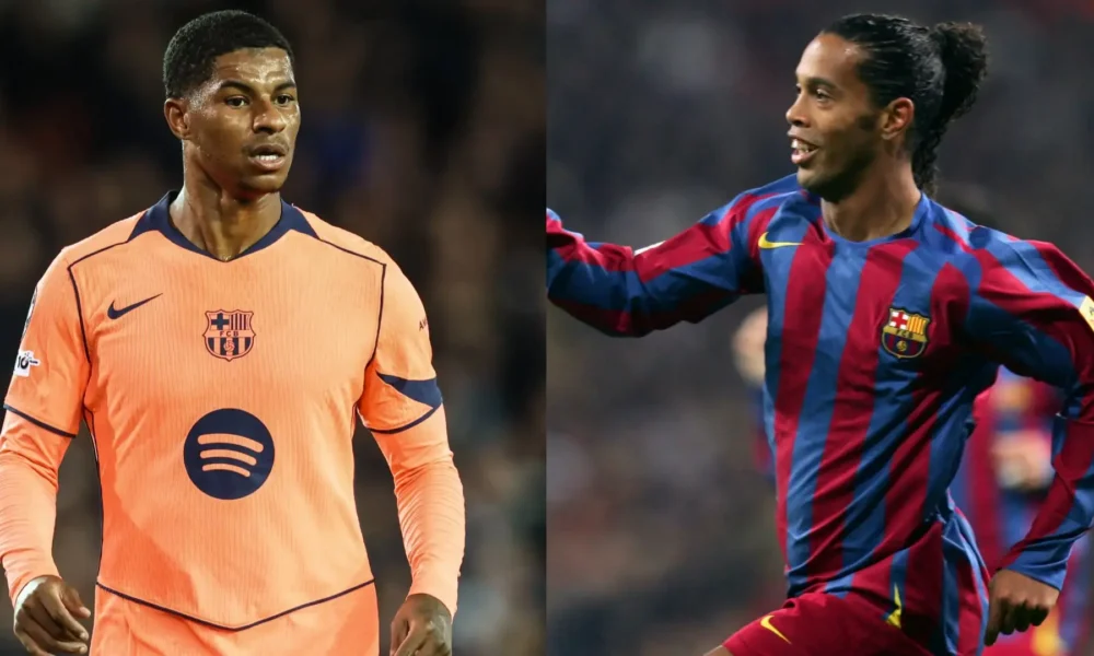 Marcus Rashford modeling Barcelona 2025-26 fourth kit inspired by Ronaldinho’s Clasico win