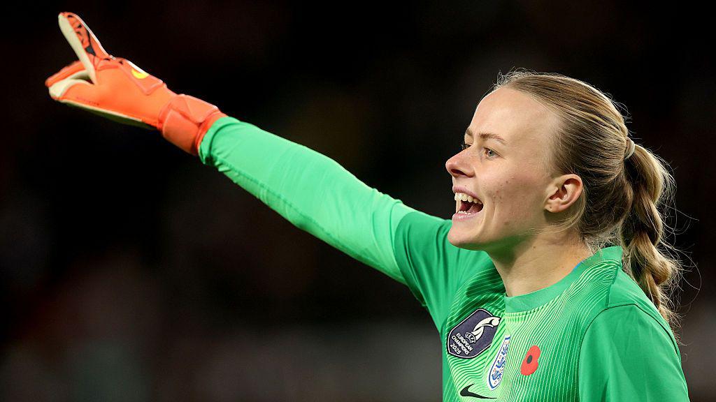 Mary Earps reacting during an England women’s match after controversy over Hannah Hampton comments