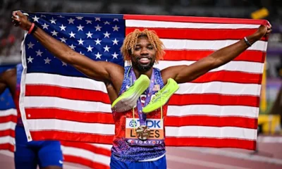 Noah Lyles celebrating at the 2025 World Athletics Championships in Tokyo