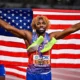 Noah Lyles celebrating at the 2025 World Athletics Championships in Tokyo