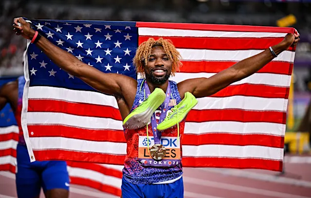 Noah Lyles celebrating at the 2025 World Athletics Championships in Tokyo