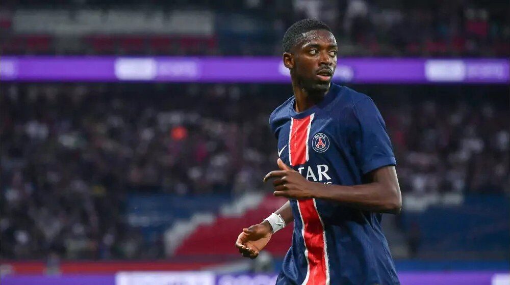 Ousmane Dembele celebrating a goal for PSG amid injury concerns ahead of Bayern Munich clash