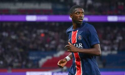 Ousmane Dembele celebrating a goal for PSG amid injury concerns ahead of Bayern Munich clash