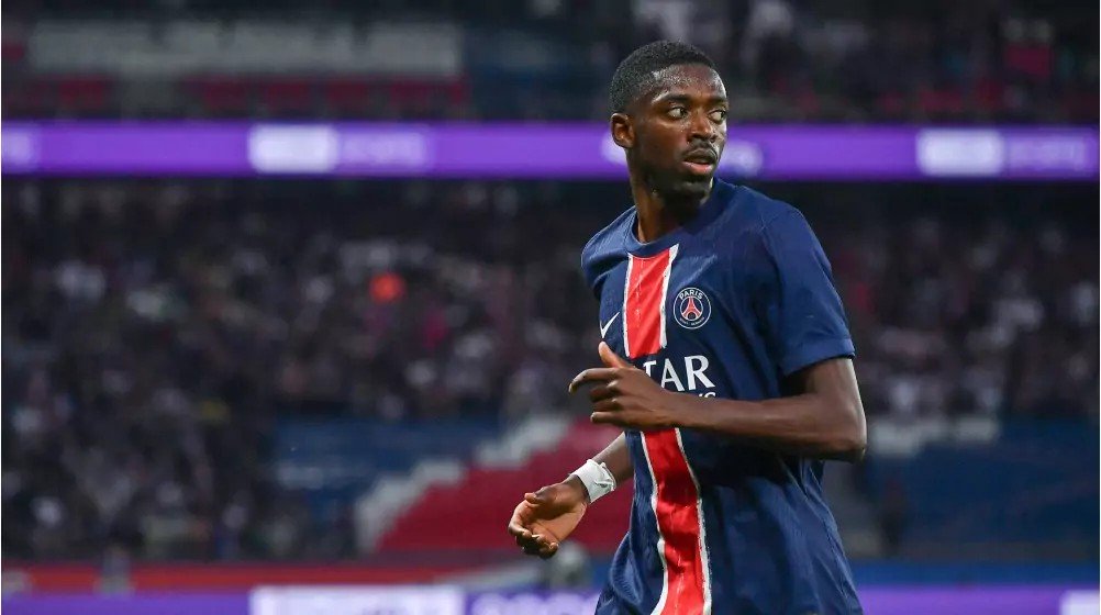 Ousmane Dembele celebrating a goal for PSG amid injury concerns ahead of Bayern Munich clash