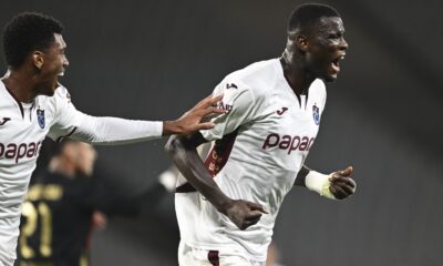 Paul Onuachu celebrates after scoring for Trabzonspor in the Turkish Super Lig