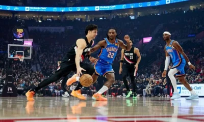 Portland Trail Blazers celebrate comeback win against Oklahoma City Thunder in NBA game