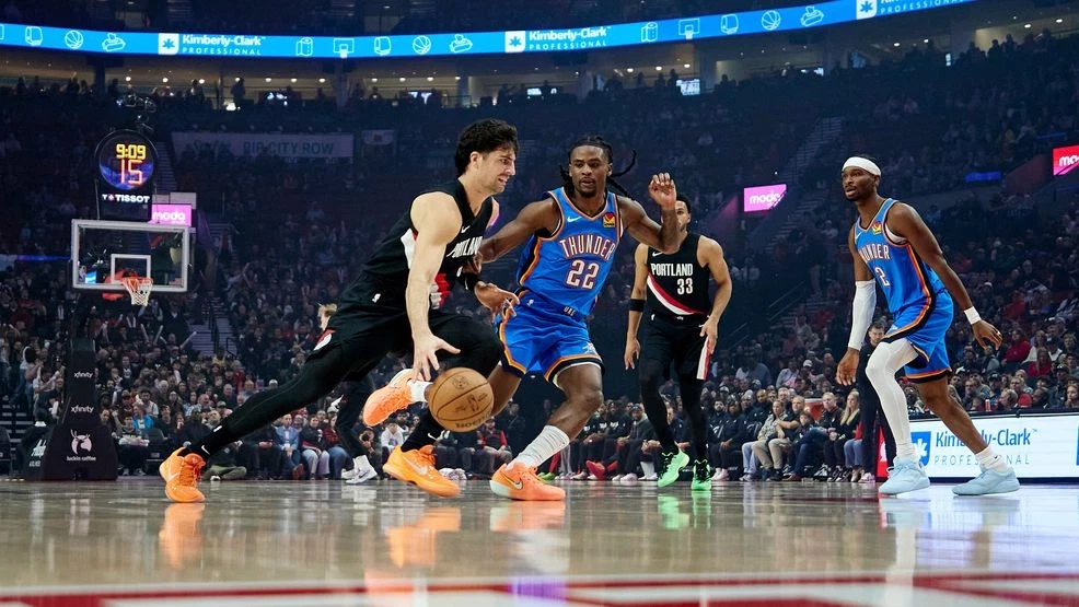 Portland Trail Blazers celebrate comeback win against Oklahoma City Thunder in NBA game