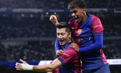 Robert Lewandowski in Barcelona colours during a LaLiga match.
