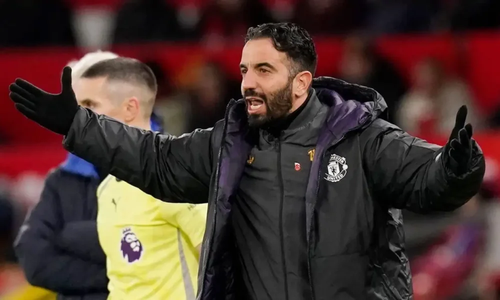 Ruben Amorim giving instructions on the touchline during a Manchester United match