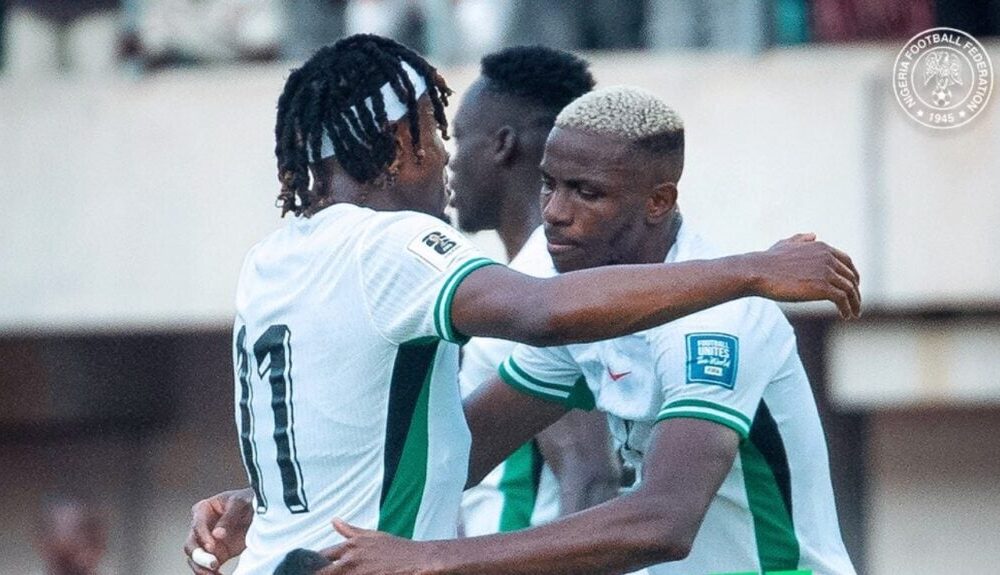 Samuel Chukwueze celebrating Nigeria’s win against Gabon at the 2026 World Cup qualifiers