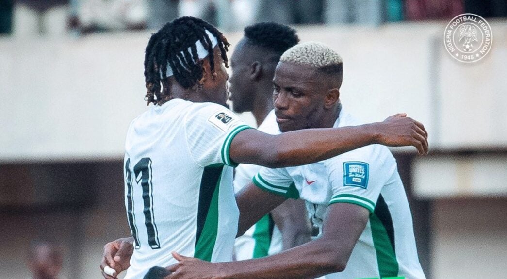 Samuel Chukwueze celebrating Nigeria’s win against Gabon at the 2026 World Cup qualifiers