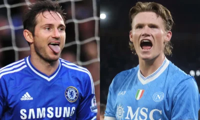 Scott McTominay celebrating for Napoli after scoring, compared to Frank Lampard