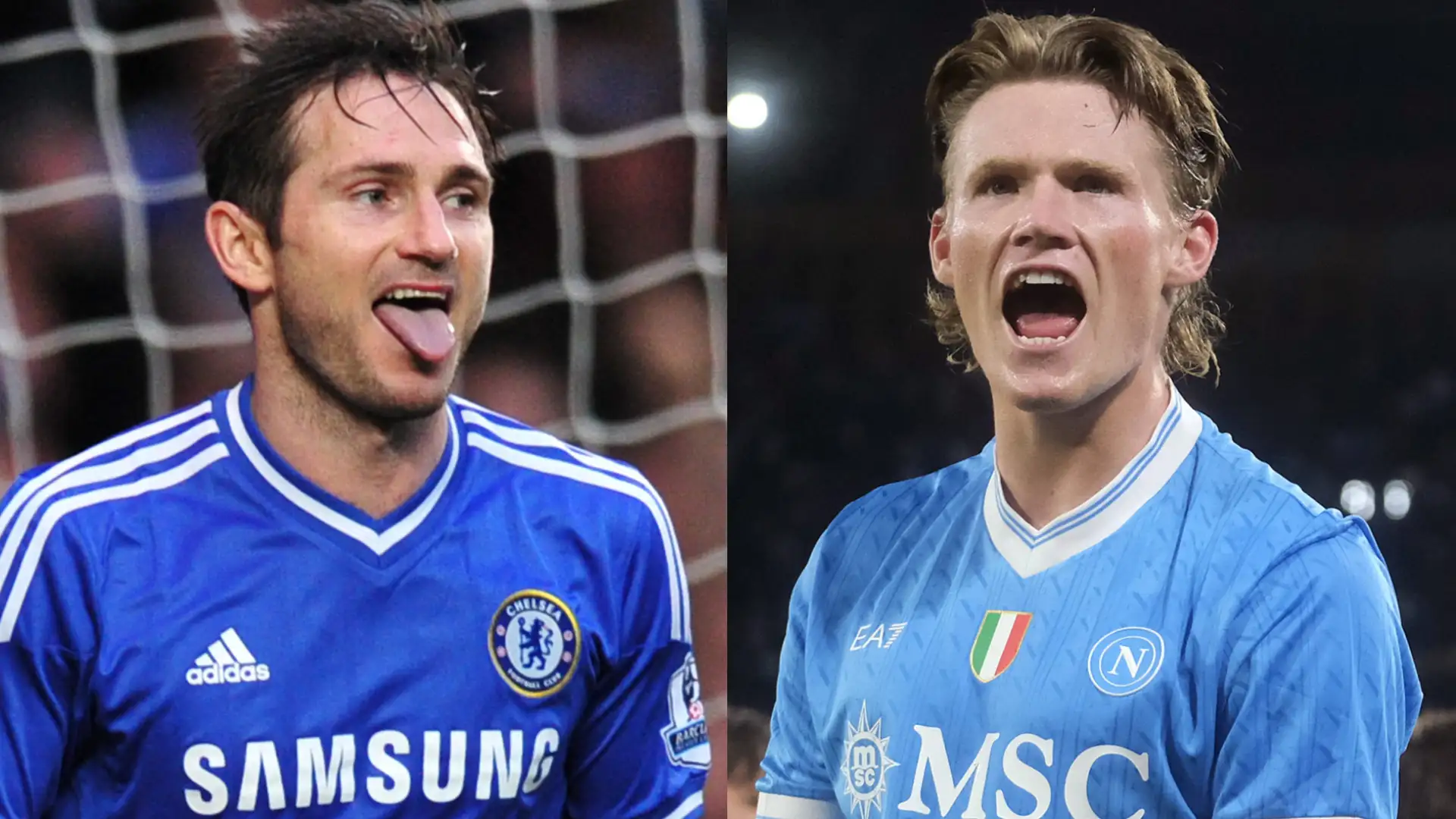 Scott McTominay celebrating for Napoli after scoring, compared to Frank Lampard