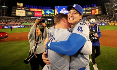 Shohei Ohtani celebrating Dodgers’ World Series win with teammates