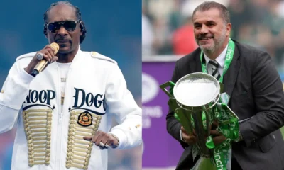 Snoop Dogg wearing a Celtic jersey while talking about potential club investment