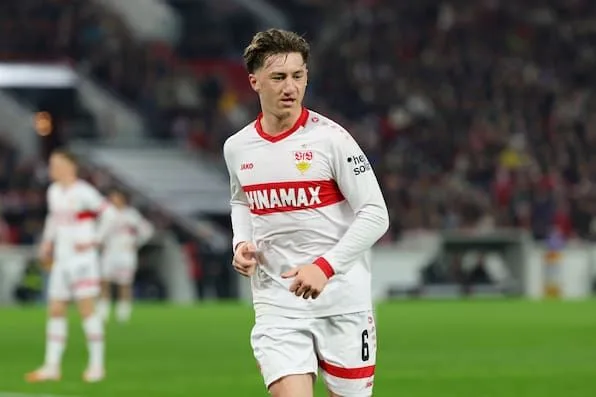 Stuttgart midfielder Angelo Stiller in action during Bundesliga match as Manchester United eye transfer move