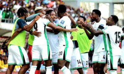 Super Eagles players celebrating a goal during World Cup playoff match