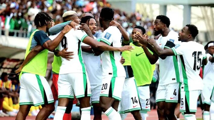 Super Eagles players celebrating a goal during World Cup playoff match