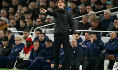 Thomas Frank on the touchline as Tottenham manager looking frustrated after a home defeat