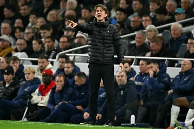 Thomas Frank on the touchline as Tottenham manager looking frustrated after a home defeat