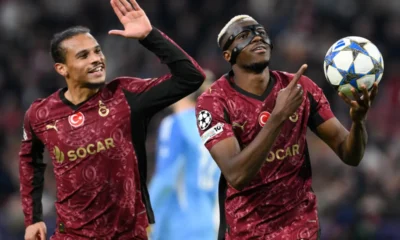 Victor Osimhen celebrates after scoring for Galatasaray against Ajax in the Champions League.