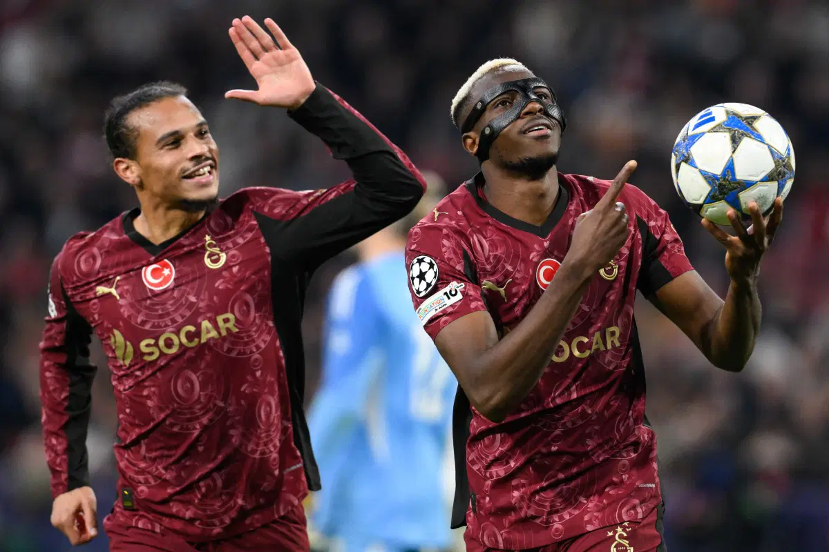 Victor Osimhen celebrates after scoring for Galatasaray against Ajax in the Champions League.