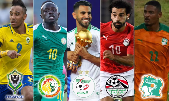 African football legends Mohamed Salah, Sadio Mane, Riyad Mahrez, Youssef Msakni, and Pierre-Emerick Aubameyang in action at AFCON tournaments.