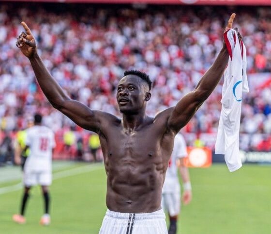 Akor Adams and Chidera Ejuke celebrate goals for Sevilla ahead of AFCON 2025