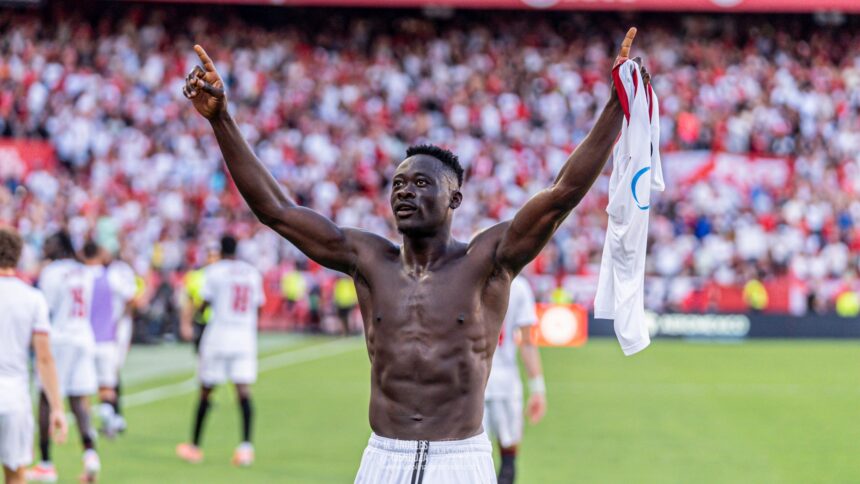 Akor Adams and Chidera Ejuke celebrate goals for Sevilla ahead of AFCON 2025