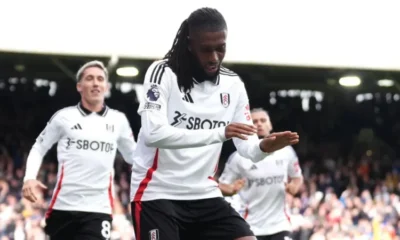 Alex Iwobi celebrating after scoring for Fulham against Manchester City at Craven Cottage.