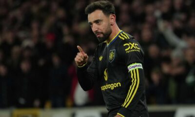 Bruno Fernandes celebrating after scoring for Manchester United against Wolves.