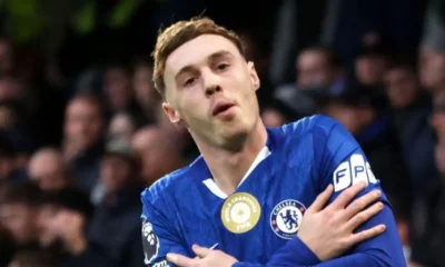 Cole Palmer celebrating a goal for Chelsea at Stamford Bridge against Everton