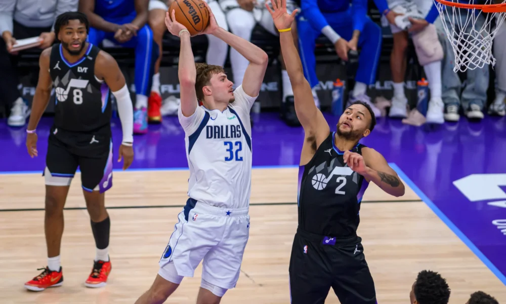 Cooper Flagg driving to the basket for the Dallas Mavericks against the Utah Jazz
