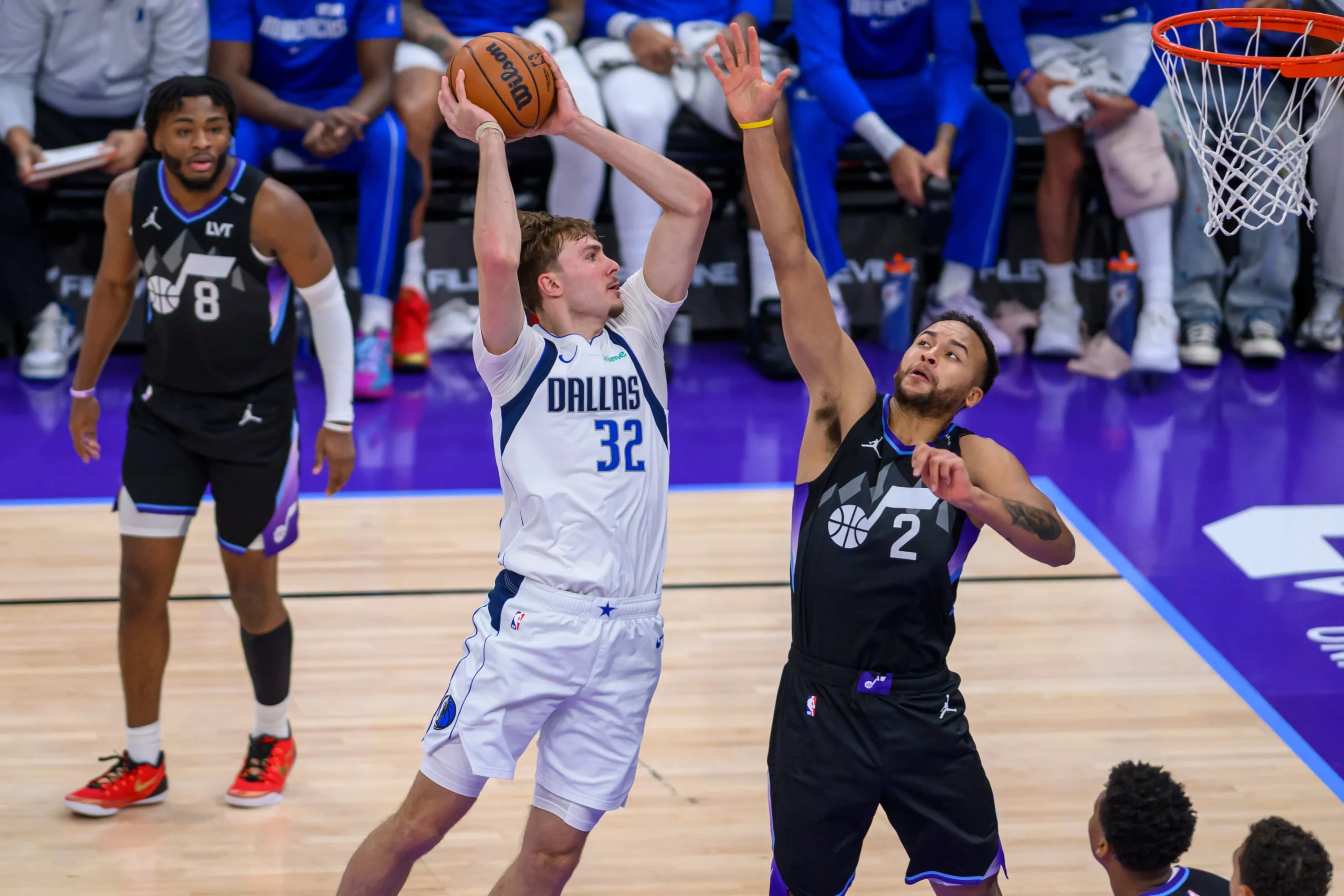 Cooper Flagg driving to the basket for the Dallas Mavericks against the Utah Jazz