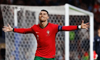 Cristiano Ronaldo celebrating in a Portugal jersey