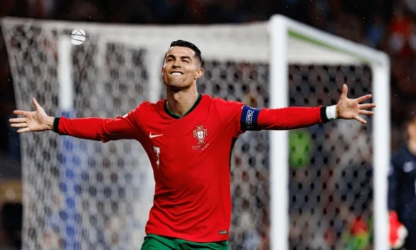 Cristiano Ronaldo celebrating in a Portugal jersey