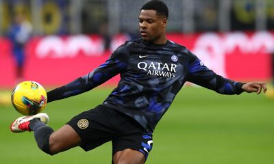 Denzel Dumfries in action for Inter Milan, with transfer rumours linking him to Barcelona and Manchester City
