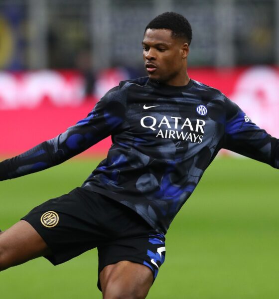 Denzel Dumfries in action for Inter Milan, with transfer rumours linking him to Barcelona and Manchester City