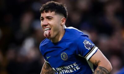 Enzo Fernandez celebrating during a Premier League match for Chelsea