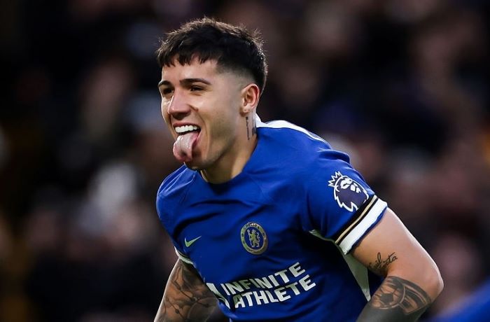 Enzo Fernandez celebrating during a Premier League match for Chelsea