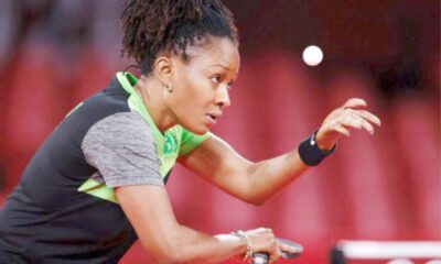 Funke Oshonaike celebrating during a table tennis match representing Nigeria