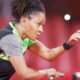 Funke Oshonaike celebrating during a table tennis match representing Nigeria