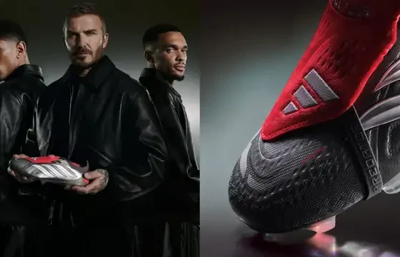David Beckham Jude Bellingham and Trent Alexander-Arnold posing with the gunmetal adidas Predator Mania boots