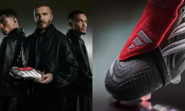 David Beckham Jude Bellingham and Trent Alexander-Arnold posing with the gunmetal adidas Predator Mania boots